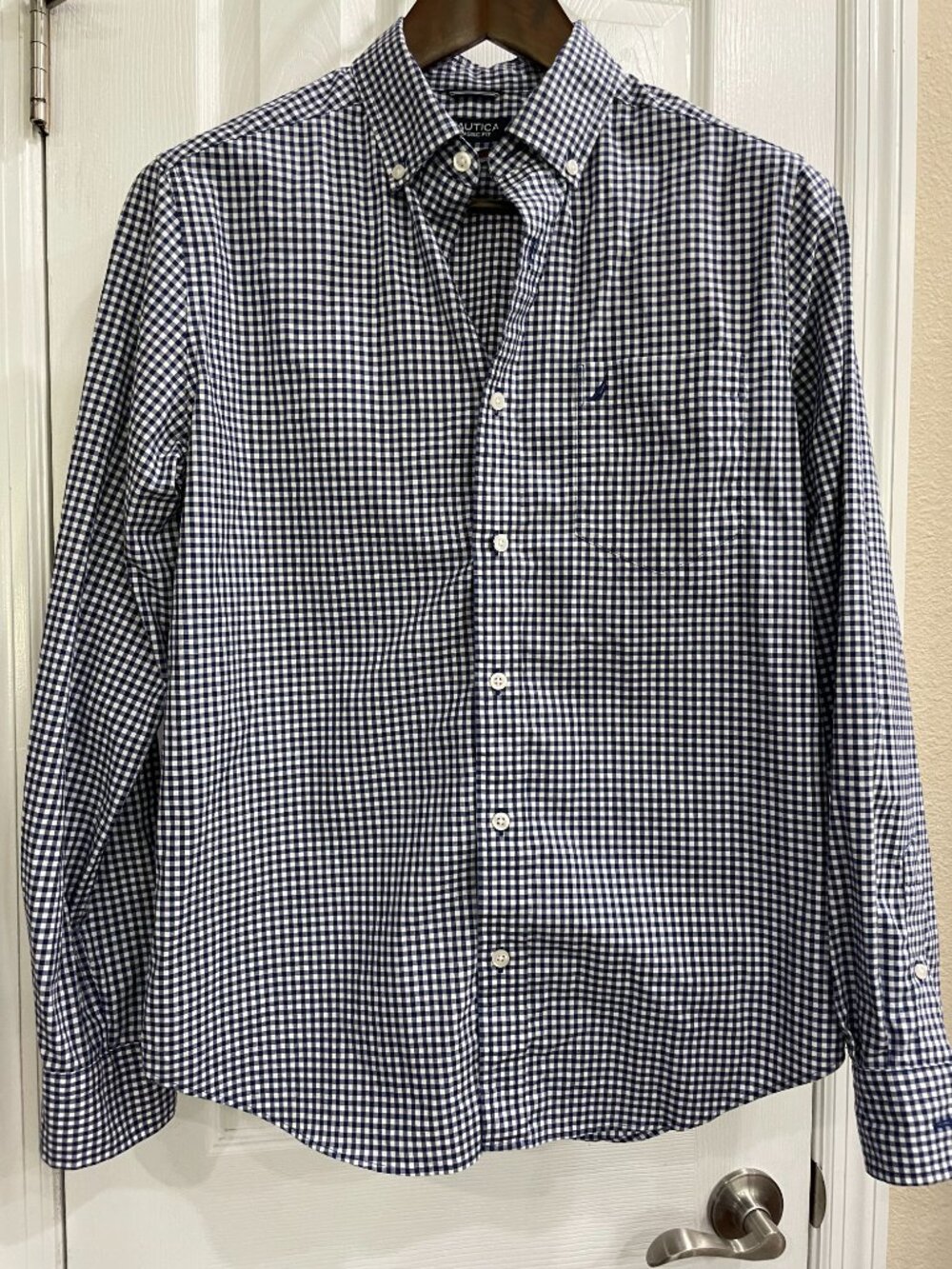 Nautica Classic Fit Blue Gingham Button Down Shirt Small Stretch Cotton